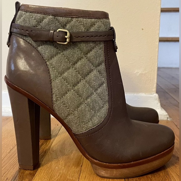 BCBG MAXAZRIA Kingston brown green leather fabric bootie boot 38 1/2 US 8 - Picture 3 of 9
